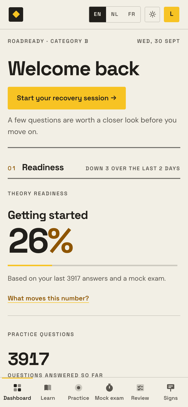 The RoadReady dashboard: the readiness band and figure, and what to work on next