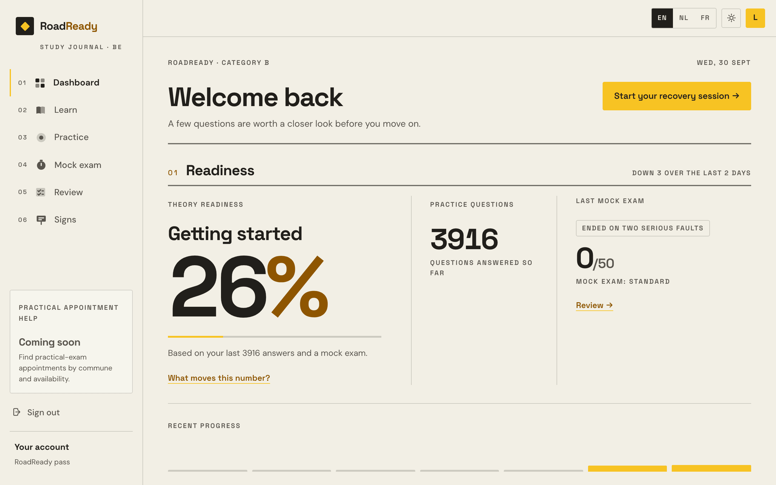 The RoadReady dashboard: the readiness band and figure, and what to work on next