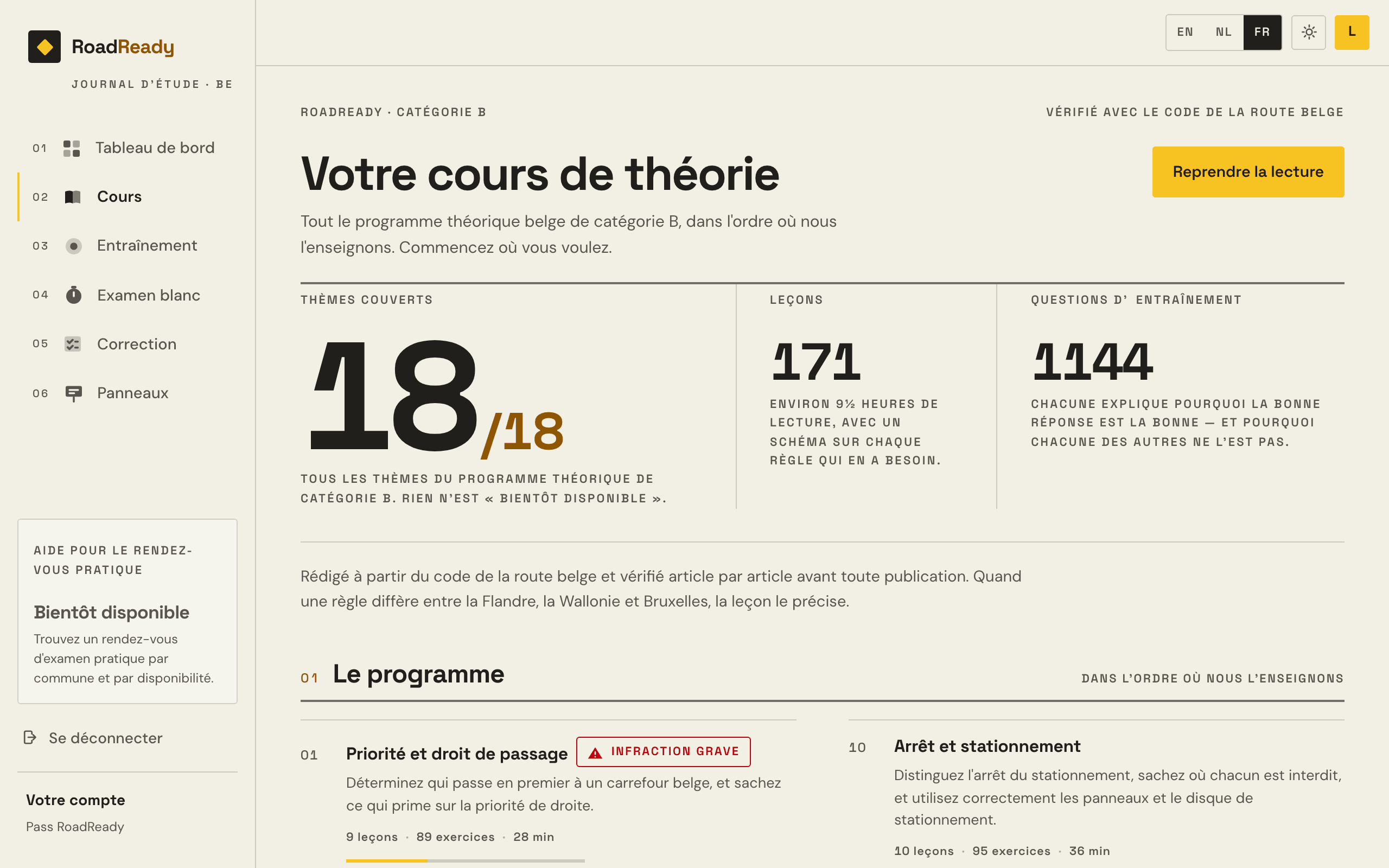 La carte d'apprentissage dans RoadReady : chaque thème avec ses leçons et son nombre de questions